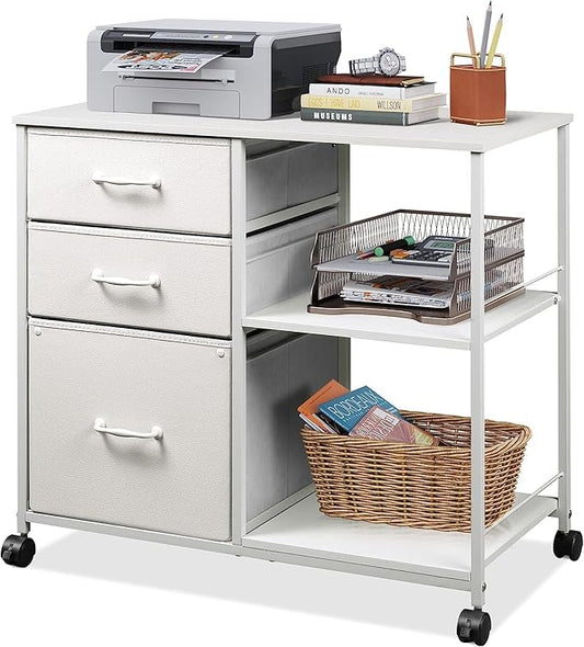 DEVAISE 3 Drawer Mobile File Cabinet Rolling Printer Stand with Open Storage Shelf Fabric Lateral Filing Cabinet fits A4 or Letter Size for Home Office White
