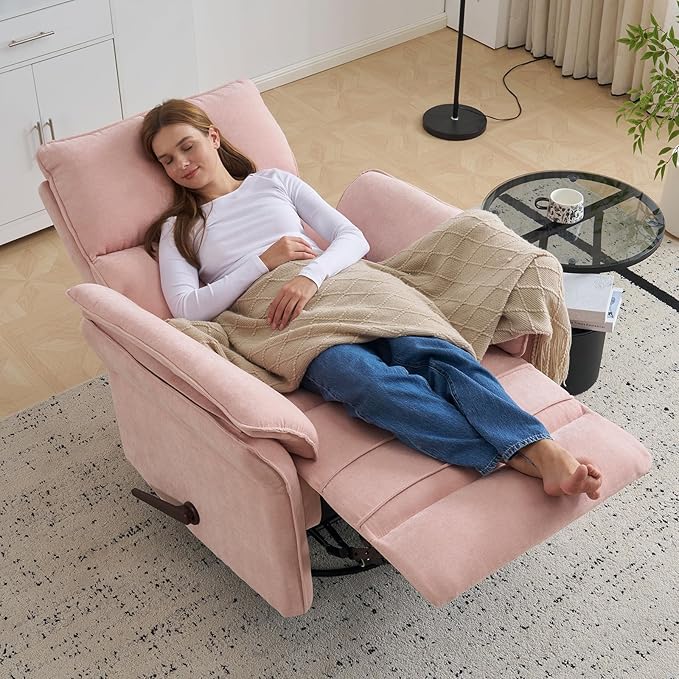 Oversized Recliner Chair 26 Extra Wide 360° Swivel Rocker Recliner with Adjustable Headrest Chenille Glider Rocking Nursery Chair with Overstuffed Armrest Lumbar Support Pink