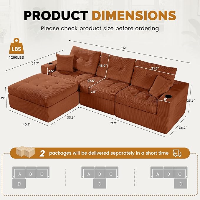 113 Modular Sectional Sofa for Living Room Convertible L-Shape Couch with OttomanCloud Boneless Couch with Layered CushionReddish Brown Corduroy