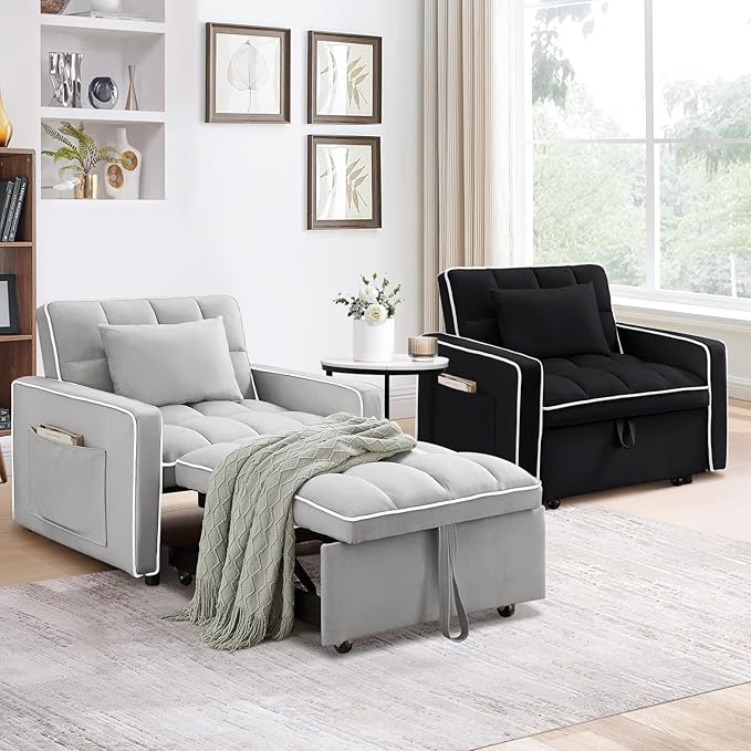 3 in 1 Convertible Sleeper Sofa Chair BedVelvet Tufted Upholstered Pull Out Sleeper Chair with Adjustable Backrest &amp Side PocketsModern Recliner Lounger Bed for Living Room/Office/Small Space(Gr