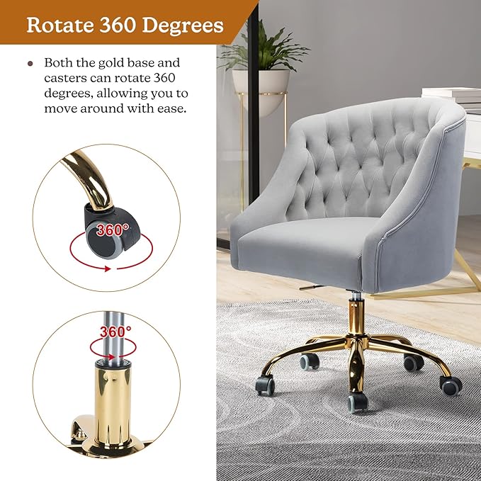 Velvet Home Office Chair with Gold Base Comfortable Modern Cute Desk Chair Adjustable Swivel Task Chair for Living Room Bedroom Vanity Study Grey