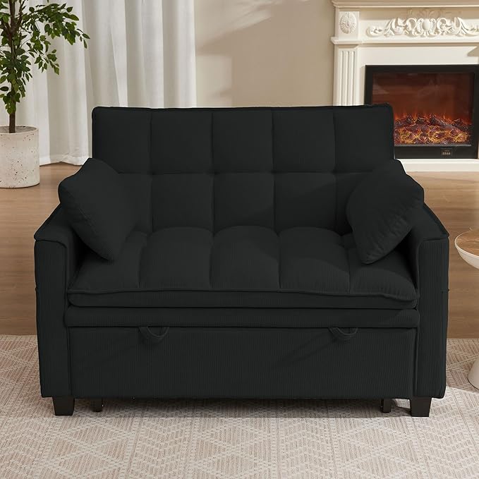 Folding Sofa Bed 3 in 1 Love Seat Couches Convertible Sleeper Chair with Storage Adjustable Backrest Pull Out Living Room Sofas Couch for Small Space Bedroom and Reading (Black)