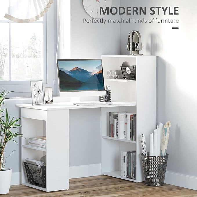 Modern Home Office Desk with 6 Tier Storage Shelves 47 Writing Table with Bookshelf White