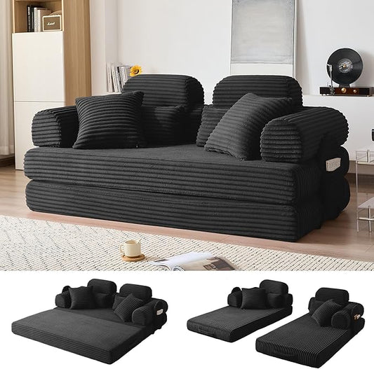 79'' Upgrade High Backrest Convertible Sofa Bed with Fixed Frame Removable Armrests &amp Backrest Corduroy Sleeper Couch No Assembly Guest Bed for Small Spaces (High Backrest Black) | Convertible