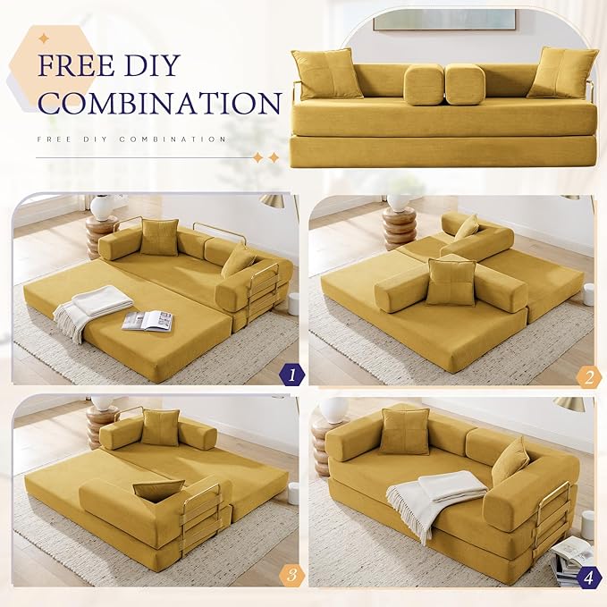 Convertible Folding Sofa Bed Corduroy Sleeper Mattress Couch with Fixed-Shape Frame Free Combination Loveseat Lounge Floor Sofa Queen Size Memory Foam Couch for Living Room Bedroom Yellow