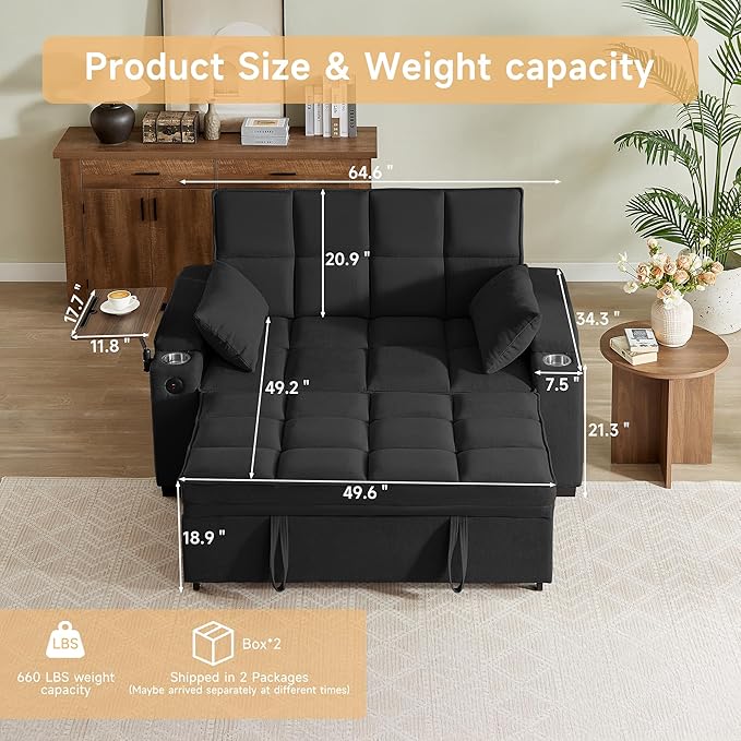 65'' Convertible Sleeper Sofa BedExtra Thick Cushion Polka dot Velvet Pull Out Futon Couch with Storage handrails &amp Rotating Side TablesConvertible Sofa Couch for Living RoomRV (07black)