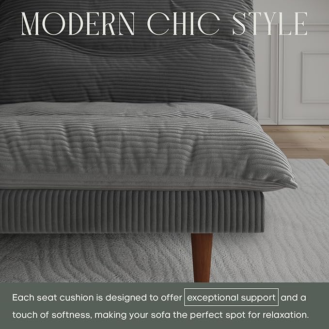 LLappuil Futon Sofa Bed 69 inch Futon Couch with Adjustable Backrest Corduroy Convertible Sleeper Sofa Bed Folding Sleeper Recliner Loveseat for Apartment Living Room Office (Grey)