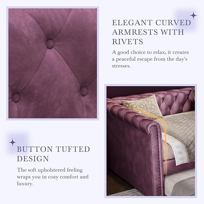 Merax Twin Size Upholstered Daybed with Trundle Modern Velvet Sofa Bed with Tufted Button Design and Curved Armrests for Living Room Bedroom and Guest Room No Box Spring Needed Purple