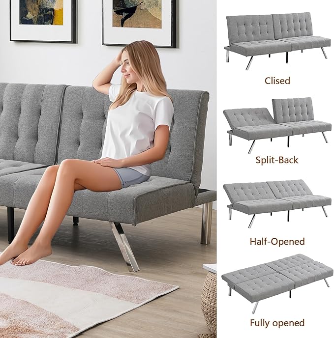 Modern Convertible Futon Sofa Bed Adjustable Loveseat Futon Couch with Metal Legs Upholstered Sofa Bed with Wood Frame Sleeper Couches for Small Compact RV Living RoomOffice (Grey-Fabric)