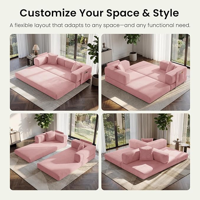 78.8 Convertible Futon Sofa BedCorduroy Futon Couch with Storage PocketFolding Pull Out SofaNo Assembly Boneless Couch for Living Room | Pink