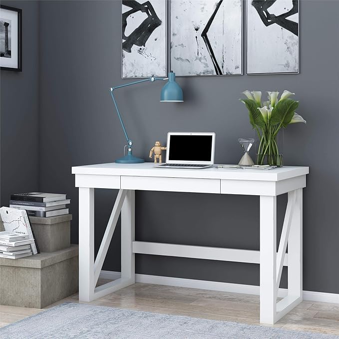 Computer Desk White MDF Modern Writing Desk with Storage Drawer Rectangular 47.5x23.5x30 Inch Home Office Workstation