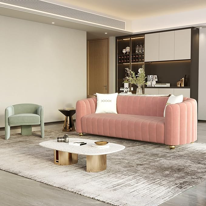 83'' Velvet Sofa for Living Room Modern Comfy Couch 3-Seater Apartment Sofa with 2 Pillows &amp Golden Metal Legs