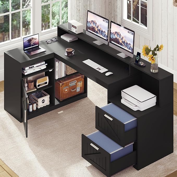 TVU Farmhouse L Shaped Desk with Drawers 62.2 Home Office Desk with Storage Shelves and Power Outlet L Shaped Computer Desk with Monitor Stand and Printer Shelf Black
