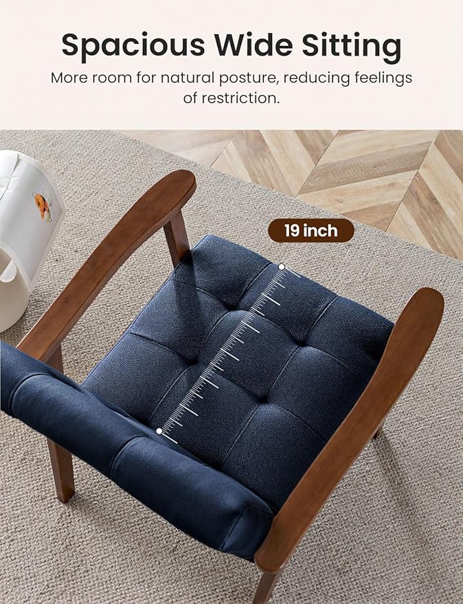 Mid Century Modern Accent Chairs for Living Room Comfy Bedroom Chairs for AdultsSmall Wide Reading Nook Arm Chair 105° Ergonomic Cozy Blue Linen Armchair with Rubber Wood
