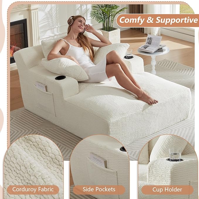 66 Oversized Chaise Lounge Chair Indoor Modern Upholstered Deep Seat Sofa Bed Sleeper Couch Reading Chairs Comfy Corduroy Cloud Sofas Couches for Living Room No Assembly Cream
