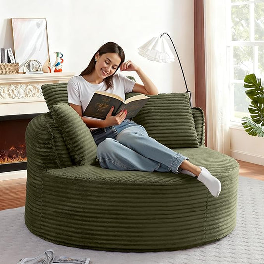 53W Oversized Round Chair Lounge Chaise Indoor Corduroy Comfy Circle Reading Armchair Upholstered Modern Cloud Boneless Chairs Cozy Floor Sofa Chair for Living Room Bedroom Apartment(Green)