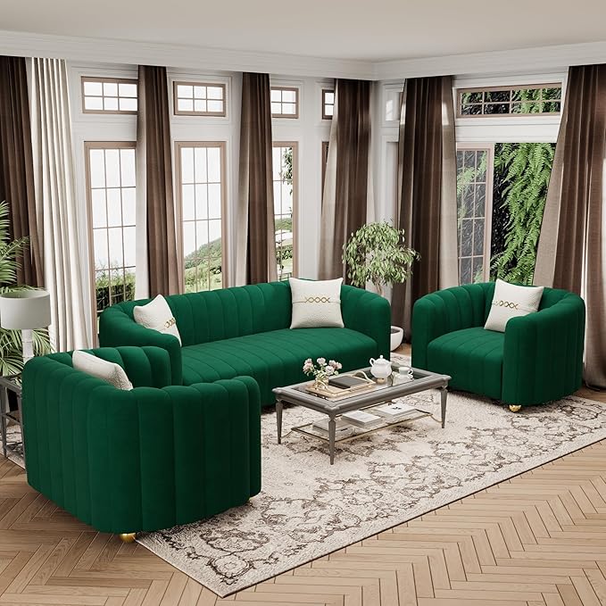 42 Velvet Sofa Chair for Living Room Modern Single Sofa with Gold Metal Sphere Legs (Green-1 Seater)