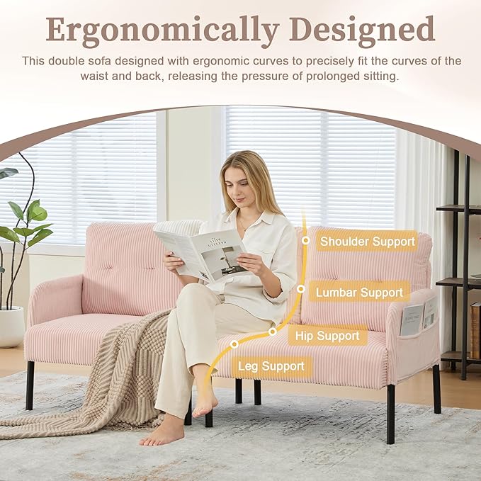 KEIKI 67 Corduroy Loveseat Sofa with Double Side Pockets &amp High Resilience Cushion Modern Style Upholstery Oversized 2-Seater Couch with Metal Legs Easy Assembly for Living Room Pink