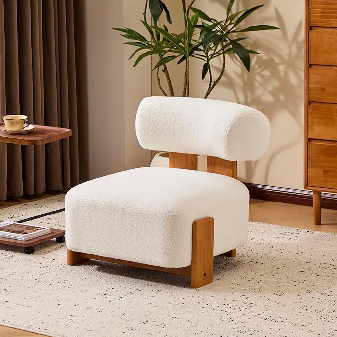 Merax 27.25 Modern Boucle Accent Chair with Solid Wood Frame and Rolled Backrest Soft &amp Durable Boucle Upholstery Lounge Chair for Living Room Bedroom or Office Natural+Beige