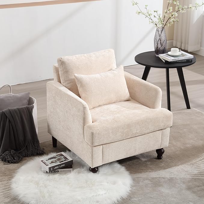 Modern Accent Chair 29'' W Comfy Chenille Tufted Lounge Armchair for Living Room Upholstered Mid Century Reading Nook Chairs Single Sofa Chair Solid Wood Frame (Beige)