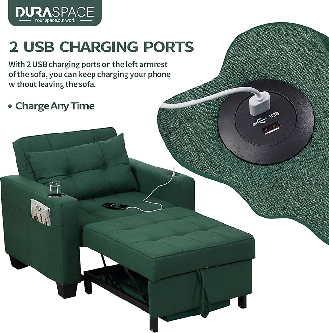 DURASPACE Futon Sofa Bed 3 in 1 Convertible Sofa Chair Bed Adjustable Backrest Chair Chaise Lounge with USB Ports Cup Holder Side Pocket Storage Box (Green)