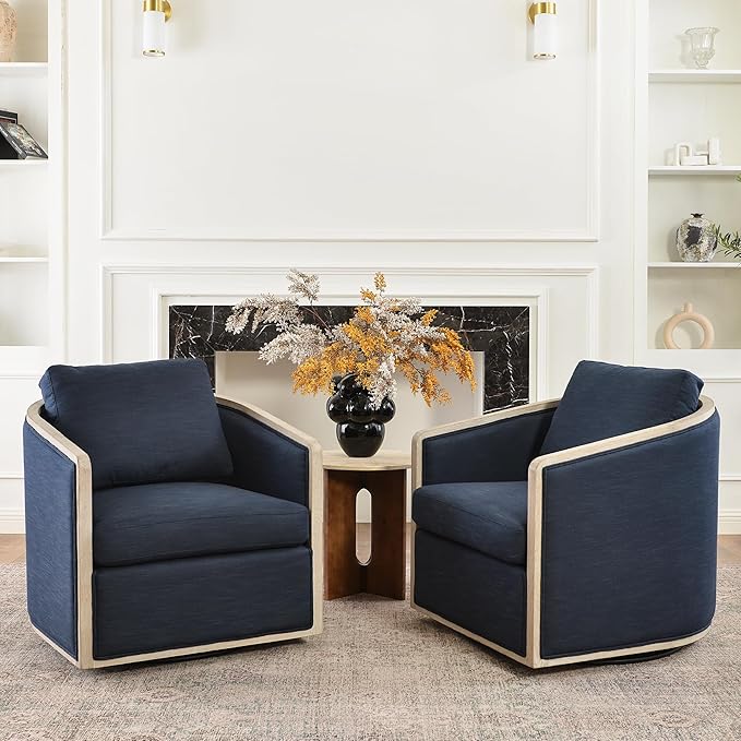 KINWELL Set of 2 Oak Wood Frame Modern Performance Fabric Swivel Barrel Armchair Mid Century Upholstered Accent Sofa Chair with Pillow Back for Living Room Lounge &amp Bedroom Indigo