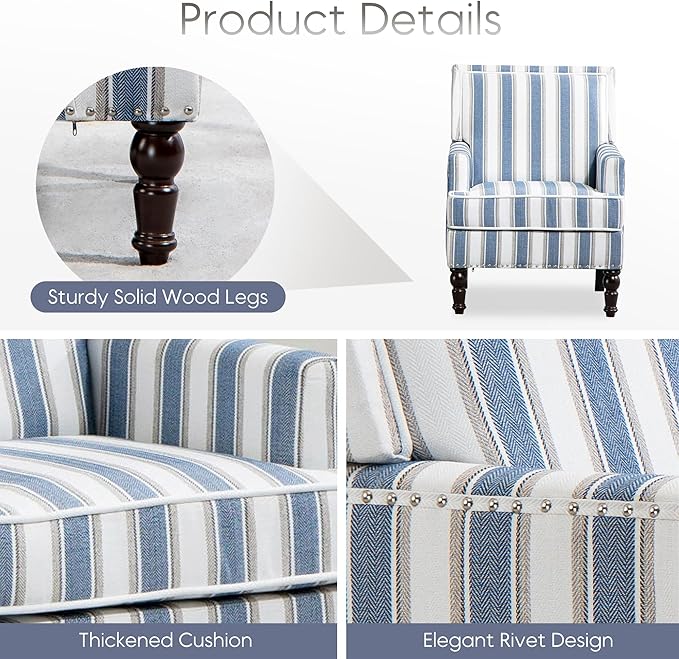Vintage Upholstered Mid Century Accent Armchair with Solid Wood Frame &amp Plush Cushion for Living Room Bedroom Office - Navy &amp Ivory Stripes