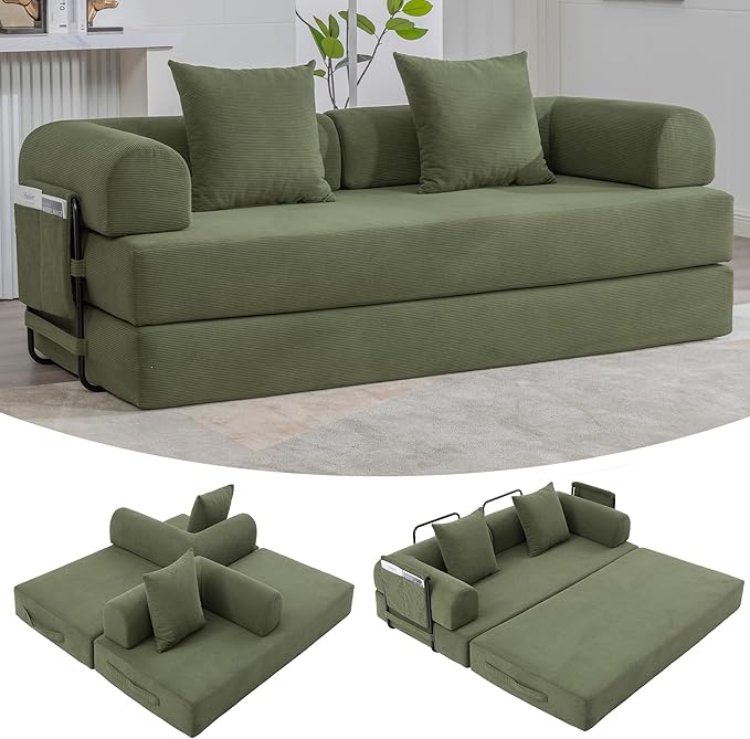 Convertible Sleeper Sofa Bed 78.5 Folding Floor Sofa Mattress Couch with Pillows Corduroy Futon Boneless Couch Lounge Loveseat with Pull Out Bed Green