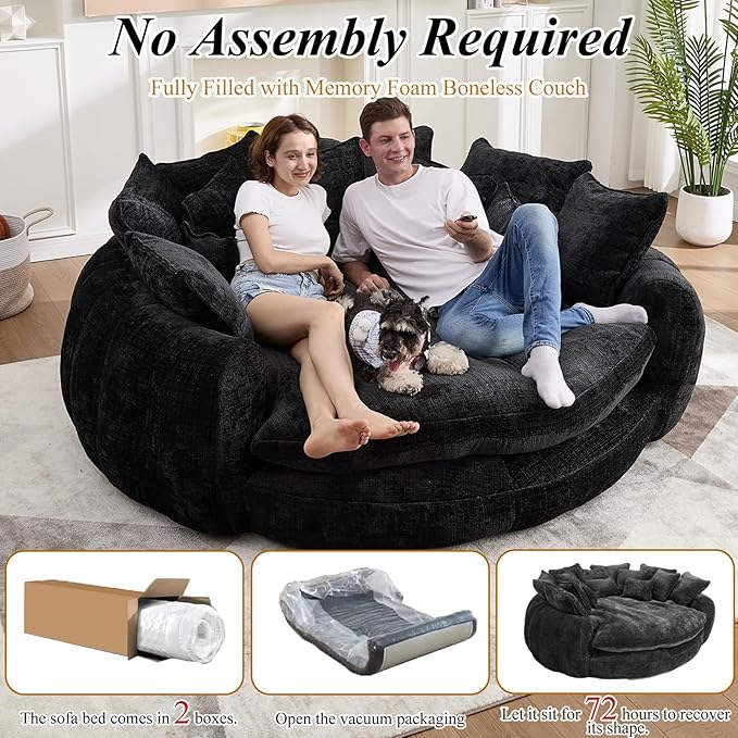 81'' Cloud Couches for Living Room Comfy Circle Round Couch Bed with 14 Pillows Upholstered Boneless Couch Oversized Chaise Lounge Chair Indoor Extra Wide Round Daybed Floor Sofa (Black)