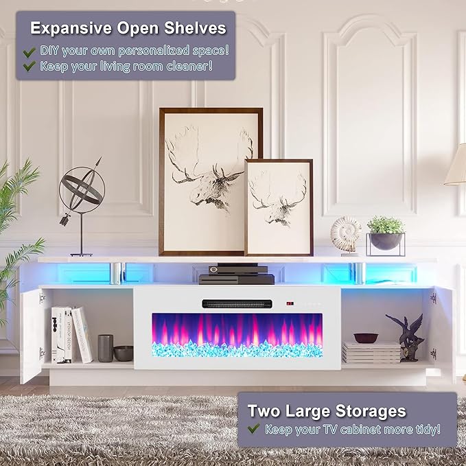 AMERLIFE Fireplace TV Stand with 36 Fireplace 70 Modern Fireplace Entertainment Center LED Lights 2 Tier TV Console Cabinet for TVs Up to 80 White &amp White