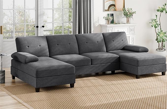 Walsunny Sectional Couches for Living Room Convertible U-Shaped Sofa Couch with Double Chaise 4 Seat Sofa Set Modular Sectional Sofa for Living Room Apartment Bedroom Black