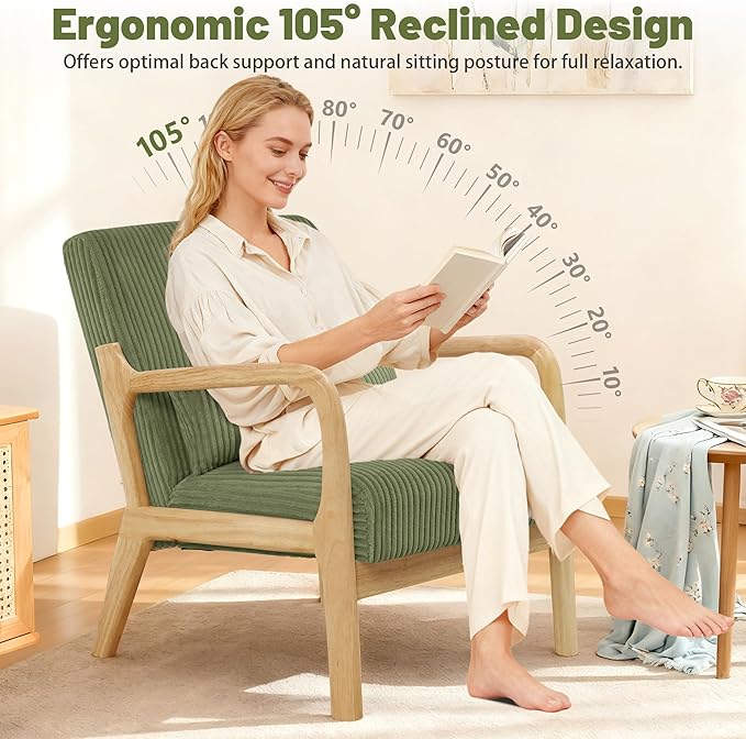 Accent Chair Set of 2 Mid-Century Modern Armchair with Waist Cushion Fabric Lounge Reading Chair with Wood Frame Comfy Sitting Seat for Living Room Bedroom Balcony up to 450lbs Green
