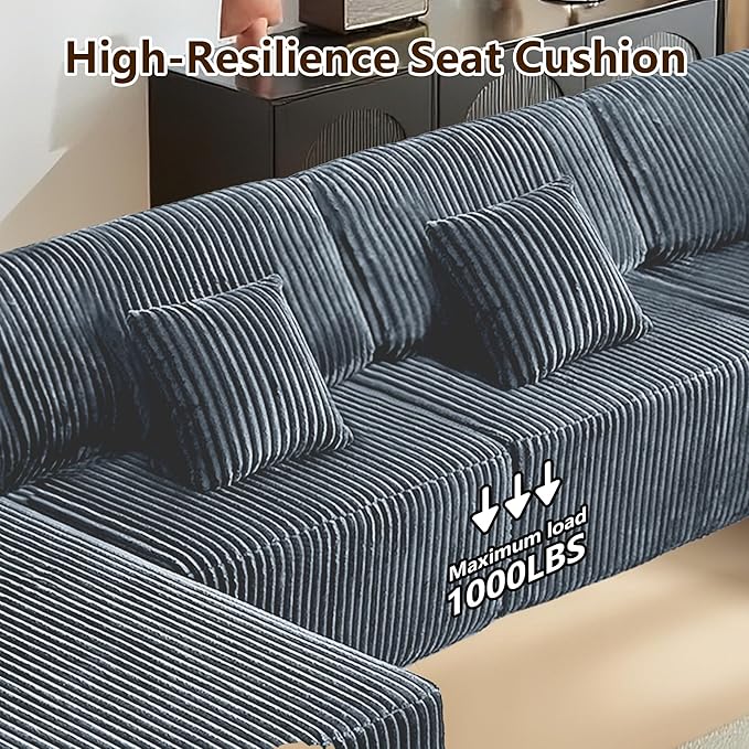 143.3'' Convertible Modular Sectional Couch Modern U-Shaped Floor Sofa with Movable Ottomans Comfy Corduroy Fabric Sofas No Assembly Free Combination Couches for Living Room ApartmentGrey