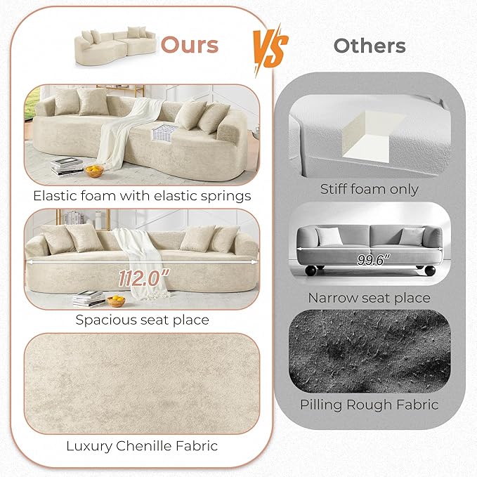 112'' Oversized Curved Modular Sectional Sofa Upholstered Chenille Boneless Couch Comfy Cloud Compression Sofa with Extra Deep &amp Wide Seat for Living Room Apartment Office Beige