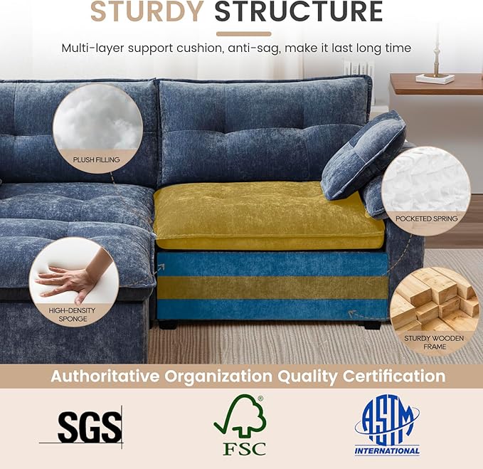 89 Modular Sectional Sofa Comfy Cloud Couch with Movable Ottoman Chenille Sectional Deep Seat Sofa with Throw Pillows/USB Ports for Living Room Office and Apartment (Blue)