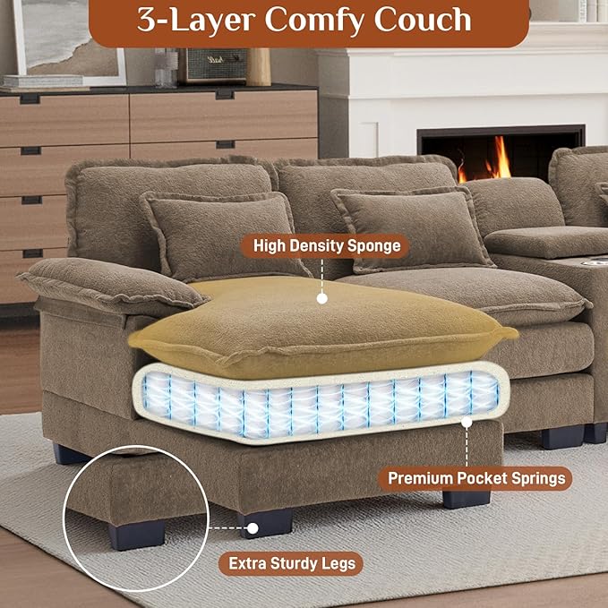 133 Oversized U Shaped Cloud Couch Modular Sectional Couches for Living Room Comfy Chenille Deep Seat Sofa Set with Double Chaise Lounge Storage Central Console Cup Holders USB Port Brown