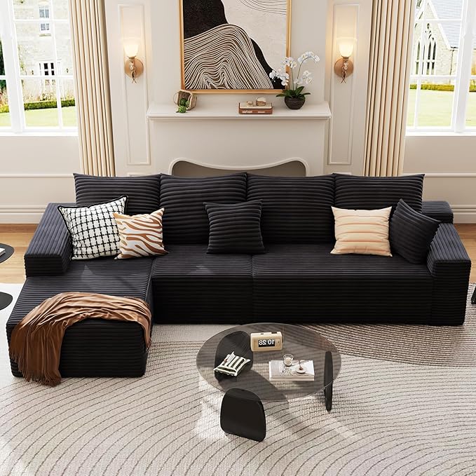 135.4 Cloud Sectional Couch with L-Shape Chaise Modern Corduroy Boneless Deep Seat Sofa 4-Seater Modular Sleeper Couch for Living Room Bedroom Apartment No Assembly (Black Left-Facing Chaise)