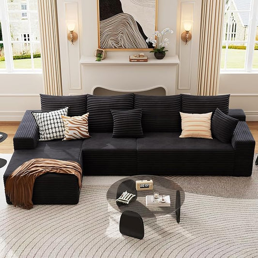 135.4 Cloud Sectional Couch with L-Shape Chaise Modern Corduroy Boneless Deep Seat Sofa 4-Seater Modular Sleeper Couch for Living Room Bedroom Apartment No Assembly (Black Left-Facing Chaise)