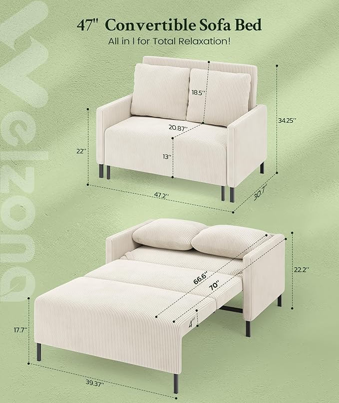 47.2 Convertible Sofa Bed Couch Comfy Corduroy Couch Bed All in 1 Loveseat Sleeper Sofa Love Seat Sleeper Bed 2 Pillows Modern Couches for Living Room/Apartment/Home/Office Cream White