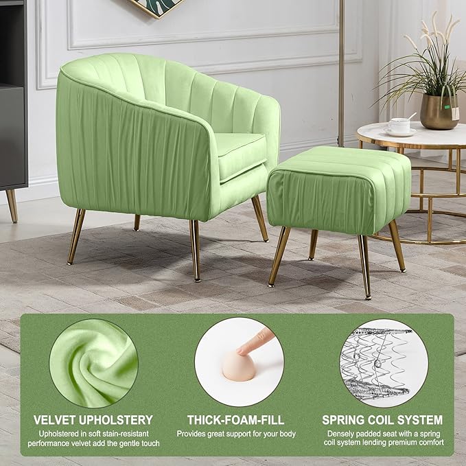 Velvet Accent Sofa Chair with Ottoman Comfy Living Room Chairs with Adjustable Legs Modern Upholstered Tufted Lounge Barrel Chair Ottoman Set for Bedroom Home Office (Grass Green)