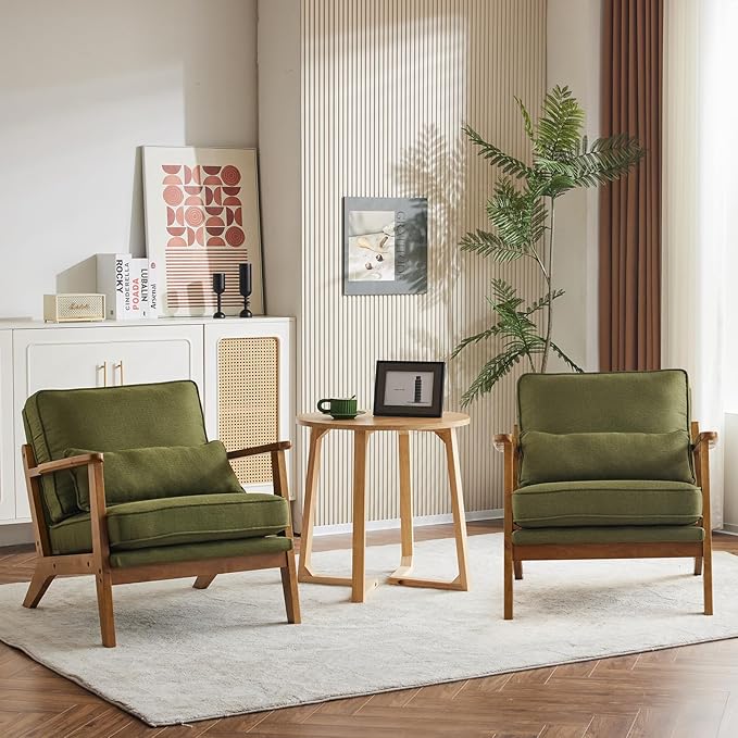 Karl home Accent Chair Wide Armrest Mid-Century Lounge Chair Linen Fabric Armchair with Lumbar Pillow &amp Solid Wood Frame for Living Room Bedroom Balcony Green