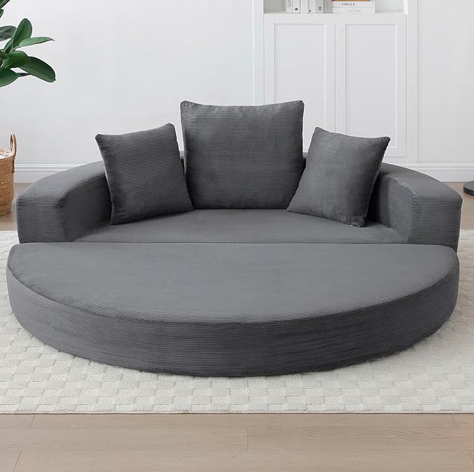 Grey Boneless Loveseat Couch - 67 Circular Convertible Sofa Bed No Assembly Corduroy Folding Floor Futon with Pillows for Small Spaces (Grey)
