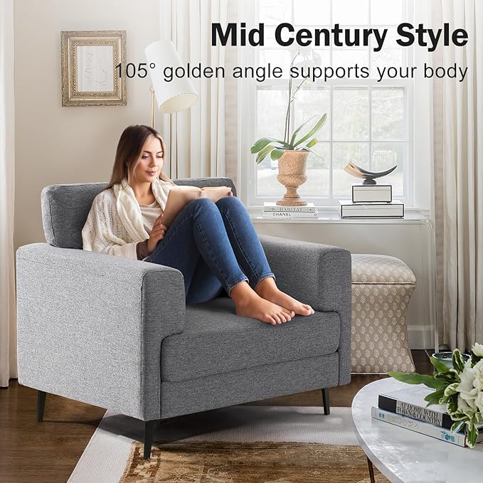 Oversized Accent Chair Upholstered Living Room Chairs Single Sofa Chair w/Metal Legs Comfy Linen Fabric Reading Lounge Armchair for Apartment Bedroom Office Dark Grey 1PC