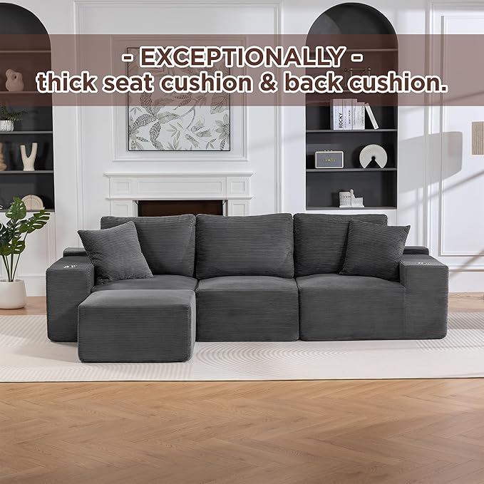 110Modular Sectional Sofa CouchesConvertible L-Shape Cloud Couch 3 Seat Oversized Chaise with OttomanCompressed FoamComfy BonelessSide PocketsCup Holders for Living RoomApartmentCorduroy Grey