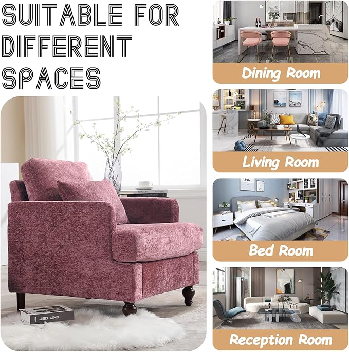 Oversized Accent Chair with Lumbar Pillow Upholstered Side Chairs for Living Room Bedroom Comfy Reading Chairs for Adults with Wide Seat Thick Cushion Soft Chenille (Wine Red)