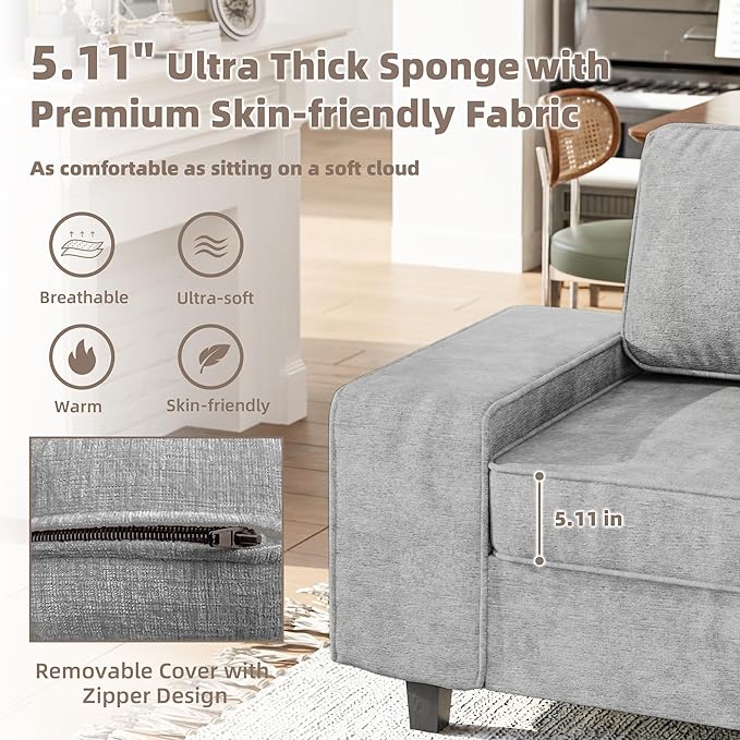 3 Seater Sofa Couch with Deep Seats 84 Mid Century Modern Chenille Fabric Sofa with Armrests Comfy Couches for Living Room Bedroom Apartment and Office
