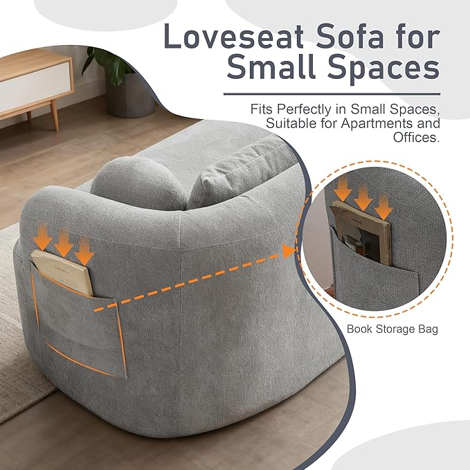 Loveseat Sofa 67.3 Boneless Curved Sofa Filling with Foam and Spring Chenille Small Love Seat for Small Spaces 4 Pillows and Side Pocket Living Room Apartment Bedroom No Assembly