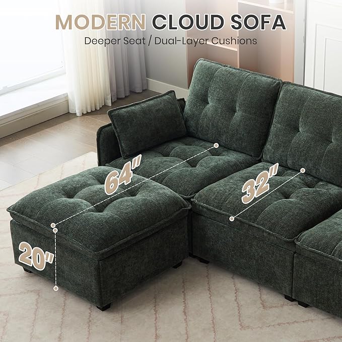 98'' Modular Sectional Sofa Comfty Cloud Couch L Shape with Movable Ottoman 4-Seat Chenille Deep Seat Sofa with Throw Pillow Sectional Couches for Living Room Office(Green 3-seat)