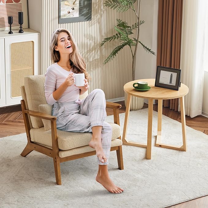 Karl home Accent Chair Wide Armrest Mid-Century Lounge Chair Teddy Fleece Armchair with Lumbar Pillow &amp Solid Wood Frame for Living Room Bedroom Balcony Khaki