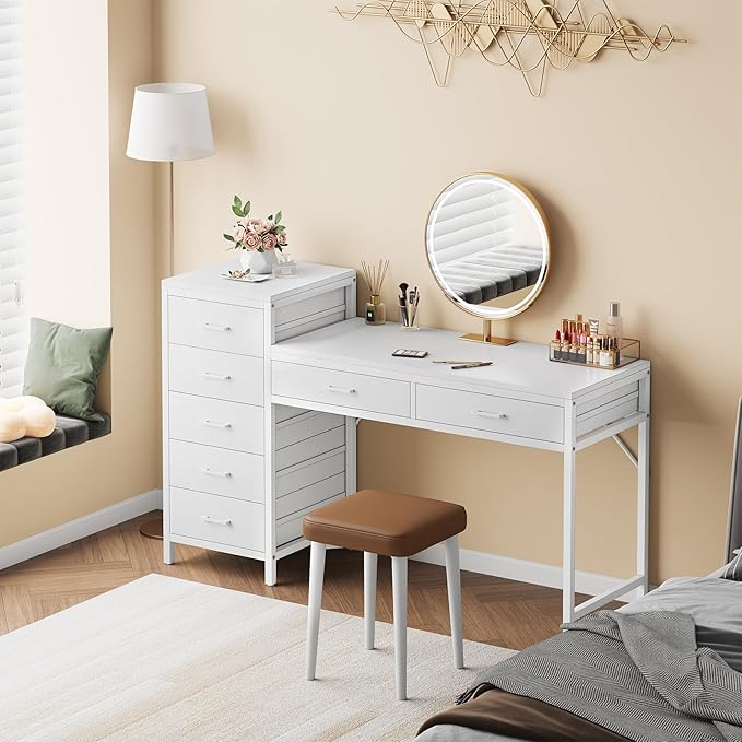 Computer Desk with Reversible Drawer 55 inch Home Office Desks with 7 Drawers Modern Compact Study Writing Table Workstation with Storage for Small Spaces All White